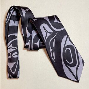 NATIVE NORTHWEST ‘Power Within’ Handmade Silk Black and Gray Patterned Tie